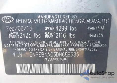 2013 Hyundai Sonata Gls из США, поврежденный, VIN 5NPEB4AC3DH689685